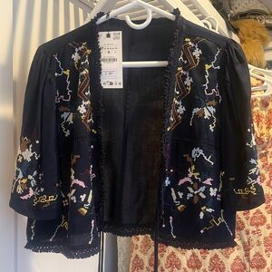 Zara Black Embroidered Open-Front Jacket